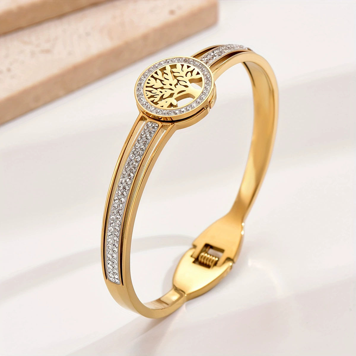 Life Tree Hollow Zircon Inlaid Bangle, Gold Plated Stainless Steel Hypoallergenic Spring Bracelet