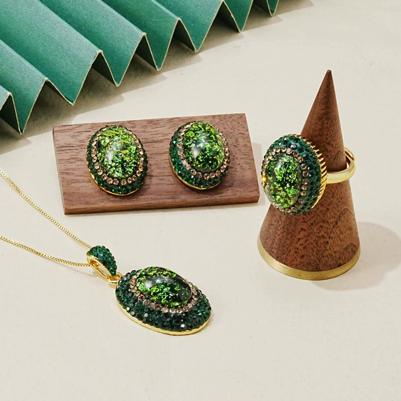Retro Forest Green Flake Crystal Inlay Jewelry Kit Oval Cabochon Pendant Necklace Matching Stud Earring & Statement Open Ring Anti-Tarnish Gold Plated Ladies Gift Set