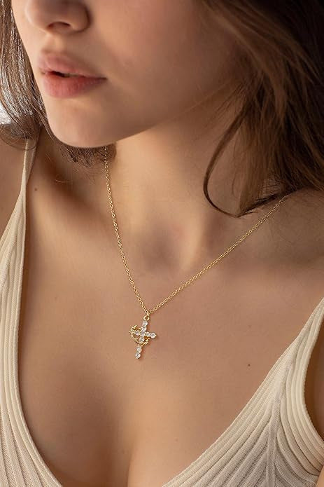 18K Gold Plated Rotatable Crown Cross Pendant Necklace, Stainless Steel Full Paved Cubic Zirconia Adjustable Chain 45+5cm