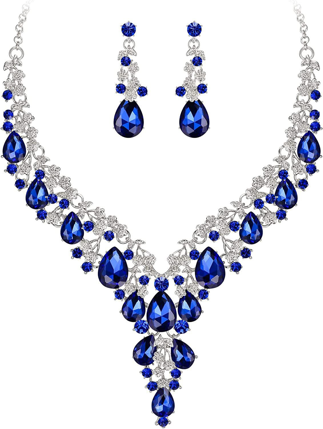 Teardrop Crystal Statement Necklace & Earrings Set, Adjustable Chain