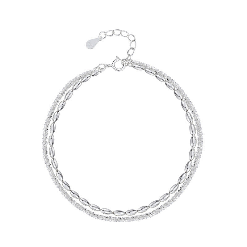 S925 Sterling Silver Double Layer Bracelet, Sparkling Starry Sky Rice Bead Two-Strand Dainty Stack Wrist Chain with Adjustable Extension Chain for Women Minimalist Daily Jewelry
