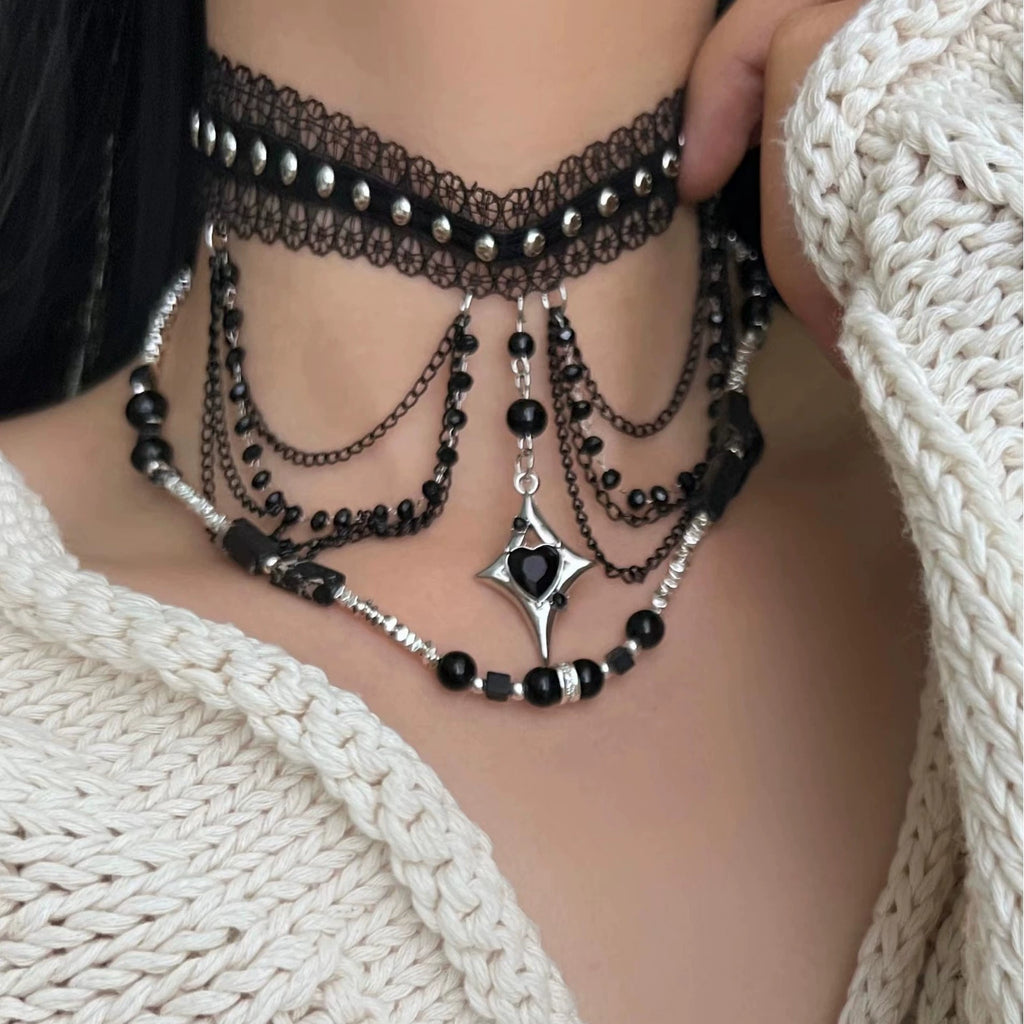 2Pcs Dark Gothic Black Lace Choker & Beaded Chain Necklace Set, Y2K Star Heart Pendant Layered Tassel Choker, Punk Alternative Grunge Jewelry for Women