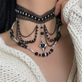 2Pcs Dark Gothic Black Lace Choker & Beaded Chain Necklace Set, Y2K Star Heart Pendant Layered Tassel Choker, Punk Alternative Grunge Jewelry for Women