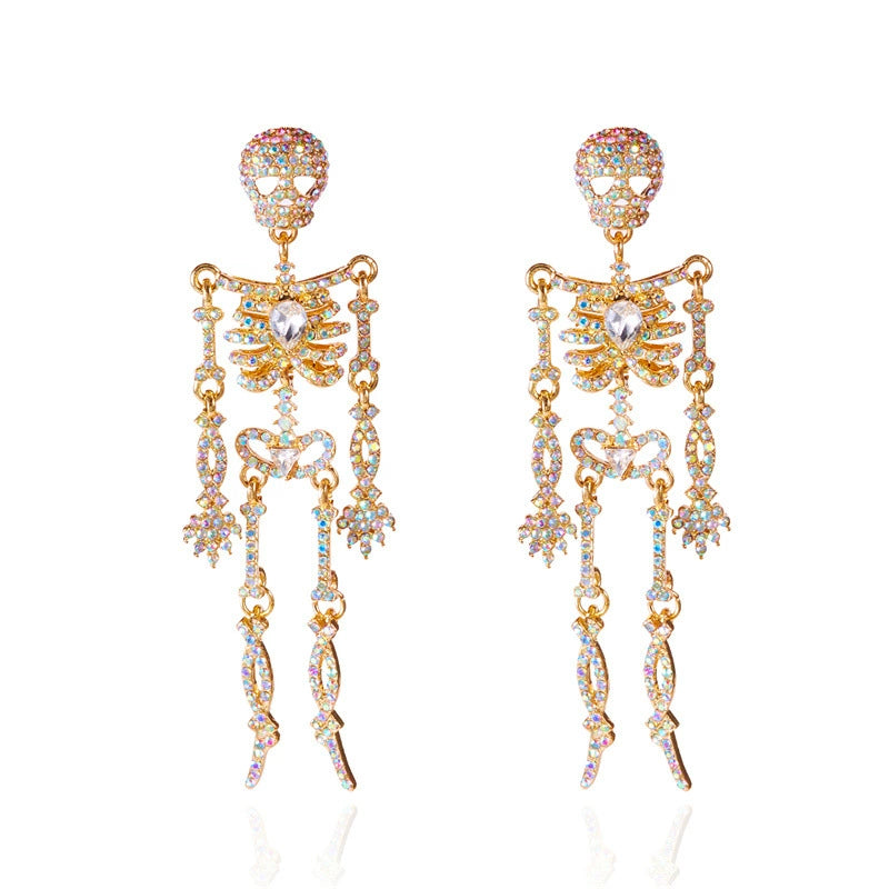 Rhinestone Skeleton Dangle Earrings, Vintage Articulated Skull Drop Earrings Gothic Halloween Party Statement Earrings For Women
