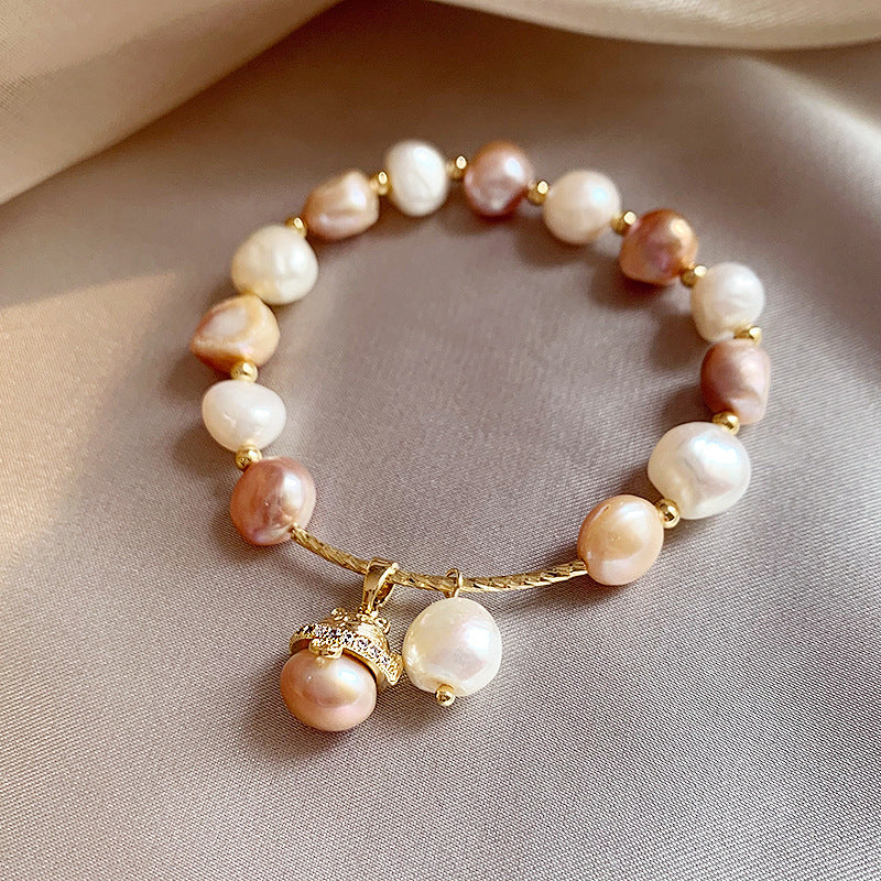 Multicolor Baroque Freshwater Pearl Stretch Bracelet, Irregular Pastel Pink White Pearl Beaded Wrist Bracelet with Paved Crystal Pearl Charm for Women Daily Bridal Wear