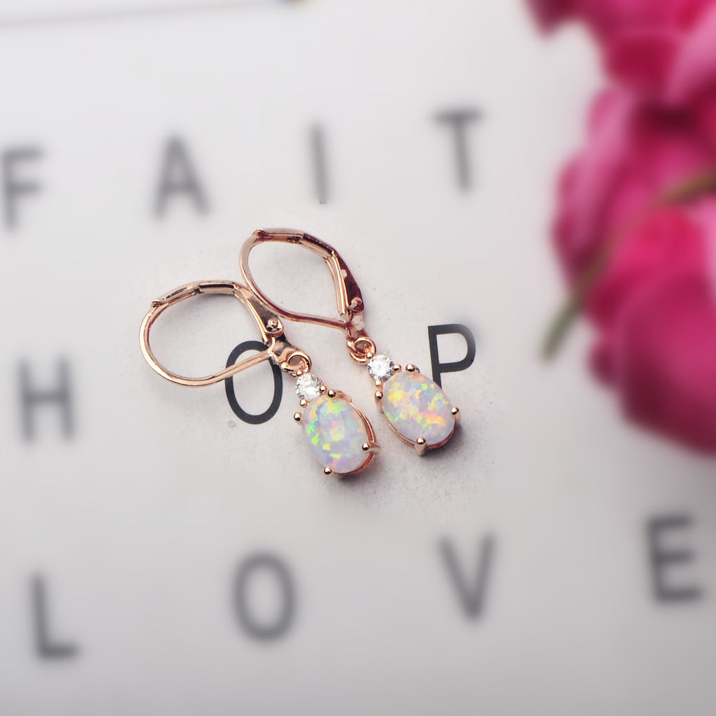 Oval Opal Leverback Drop Earrings, Silver & Rose Gold Plated