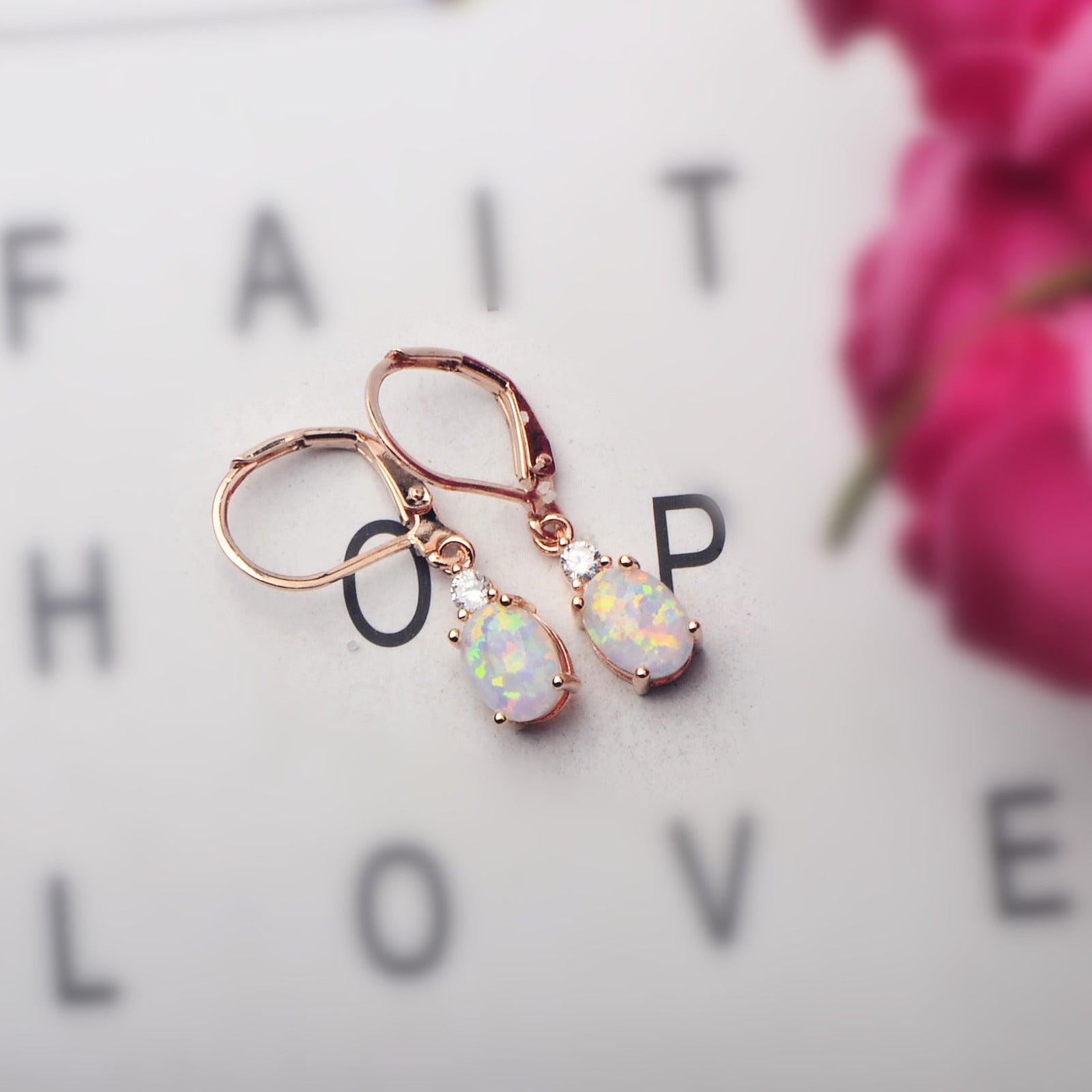 Oval Opal Leverback Drop Earrings, Silver & Rose Gold Plated