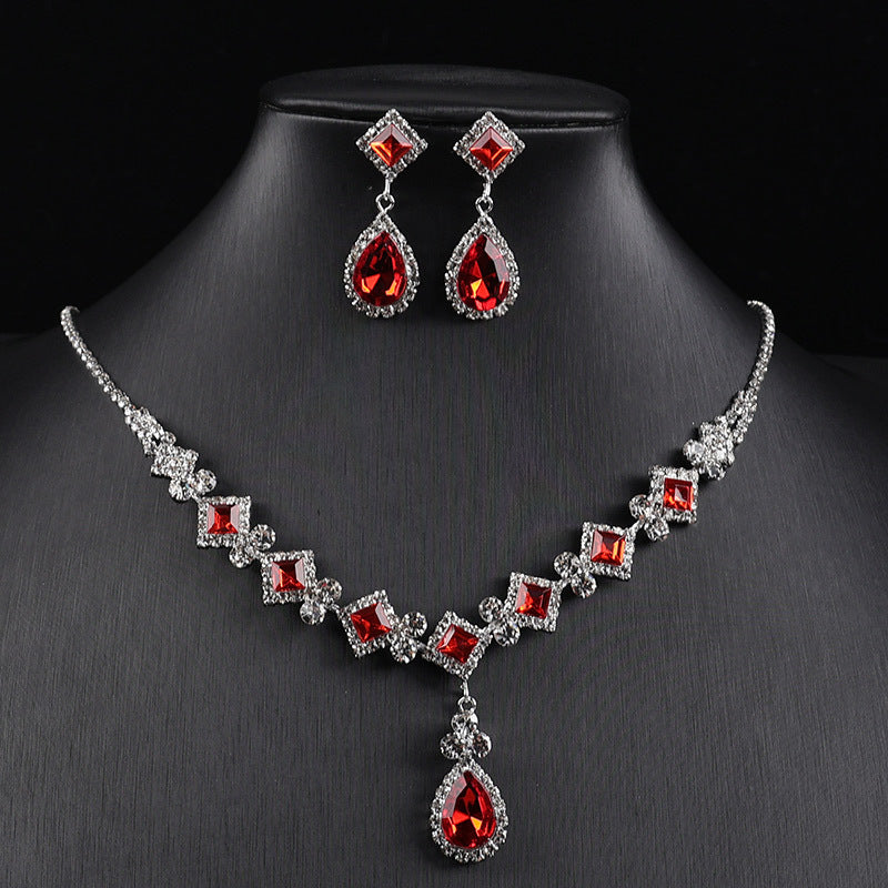 Teardrop Crystal Rhinestone Jewelry Set, Square Cut Gem Necklace & Drop Earrings Wedding Formal Jewelry