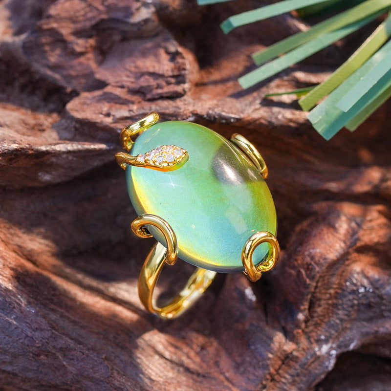 Thermochromic Temperature Sensitive Color Shift Gem Jewelry Kit Oval Mood Stone Drop Earring Adjustable Band Ring Chain Necklace