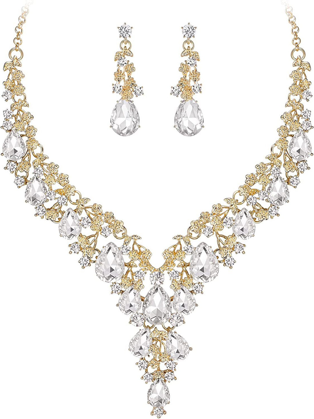 Teardrop Crystal Statement Necklace & Earrings Set, Adjustable Chain