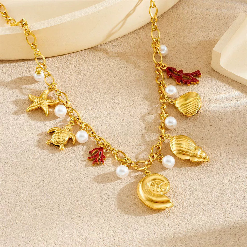 18K Gold Plated Stainless Steel Ocean Theme Charm Necklace, Adjustable Boho Sea Turtle Starfish Shell Pearl Pendant Necklace For Women
