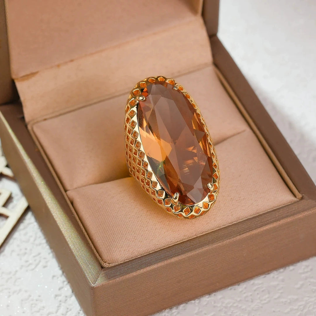 Vintage Hollow Honeycomb Mesh Oval Citrine Crystal Open Adjustable Ring Gold Plated Retro Antique Wide Band Statement Cocktail Ring For Women