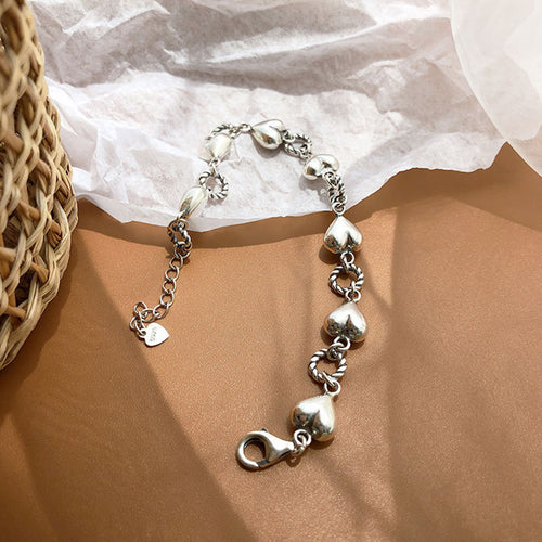 2 Styles S925 Sterling Silver Vintage Bracelet Set, Polished Heart Twisted Link Chain & Textured Coil Tassel Rectangular Paperclip Wrist Chain Adjustable Extension Jewelry for Women
