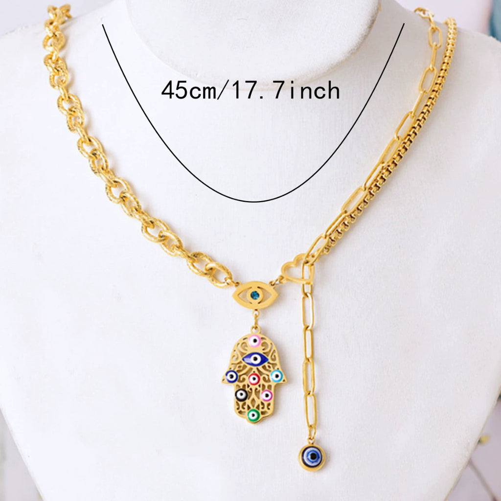 Boho Colorful Enamel Hamsa Hand Evil Eye Pendant Necklace, 18K Gold Plated Stainless Steel Chunky Link Chain Protection Charm Necklace For Women