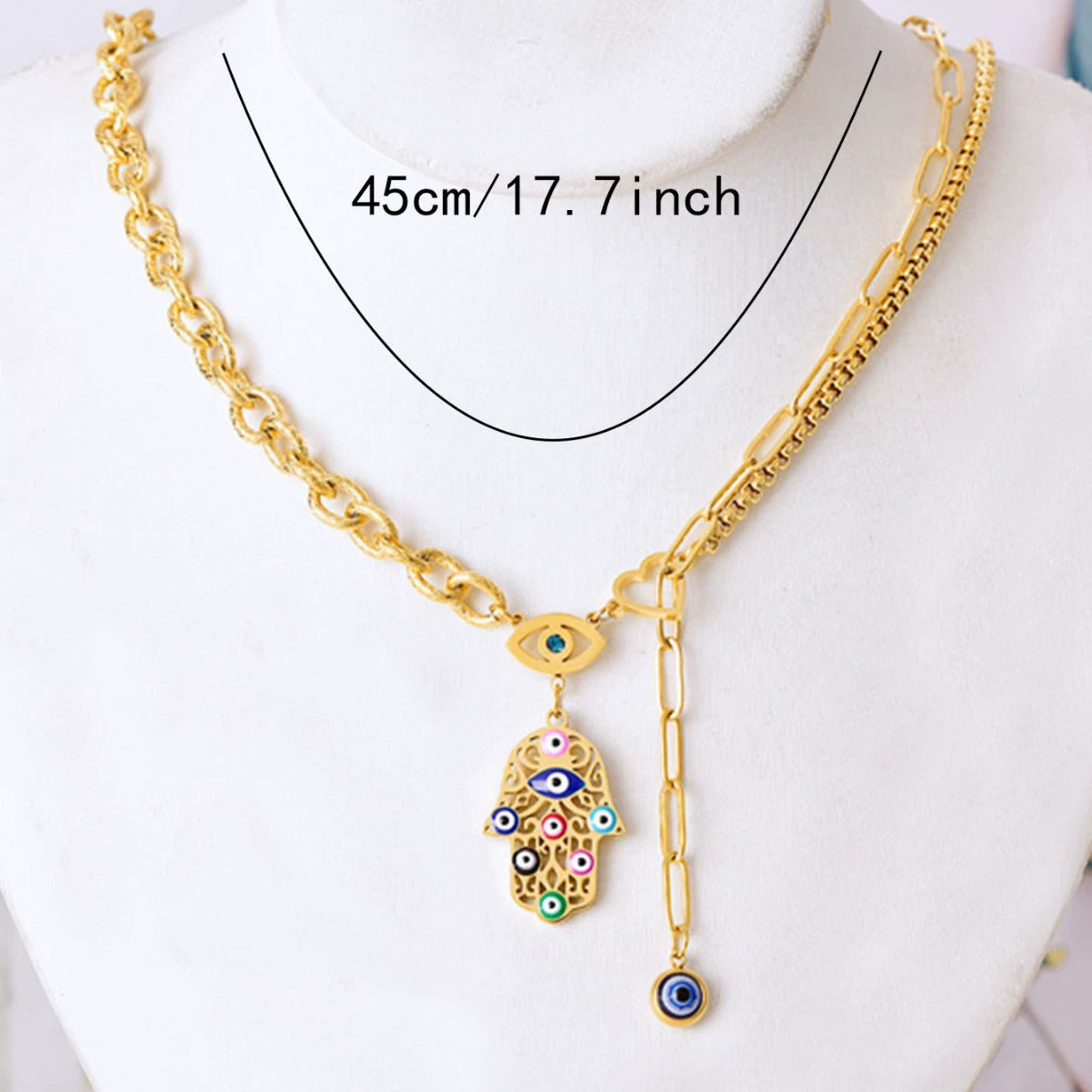 Boho Colorful Enamel Hamsa Hand Evil Eye Pendant Necklace, 18K Gold Plated Stainless Steel Chunky Link Chain Protection Charm Necklace For Women