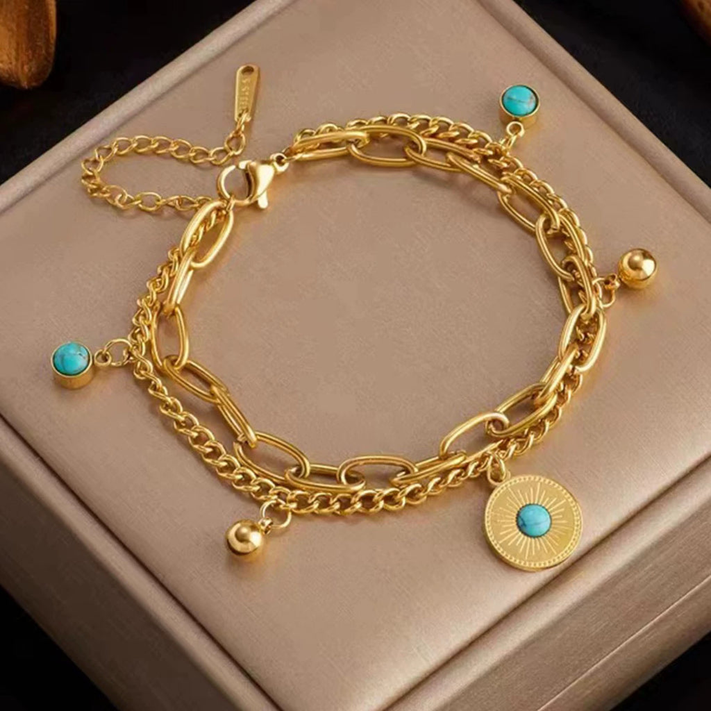 Vintage Sun Coin Turquoise Double Layer Bracelet, Hypoallergenic Titanium Steel Boho Chain Bangle