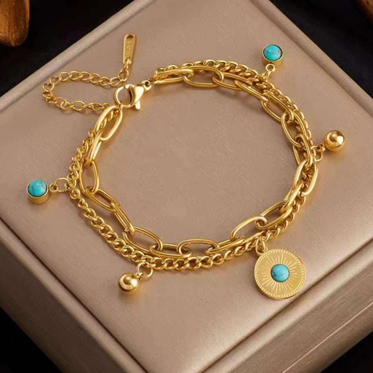 Vintage Sun Coin Turquoise Double Layer Bracelet, Hypoallergenic Titanium Steel Boho Chain Bangle