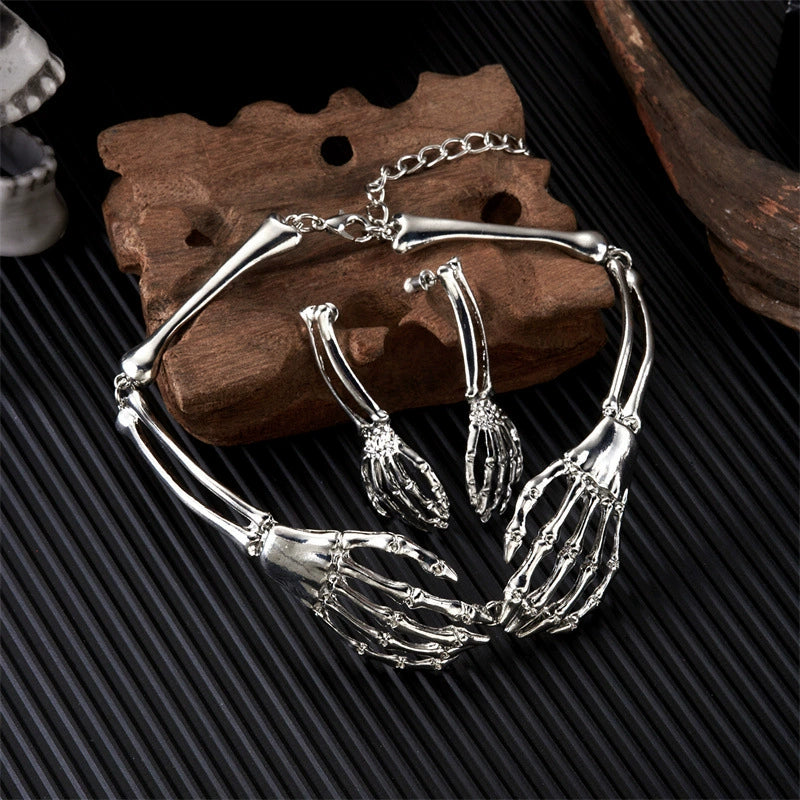 Gothic Skeleton Hand Jewelry Set, Vintage Skull Bone Choker Necklace & Drop Earrings Set Halloween Punk Statement Jewelry For Women