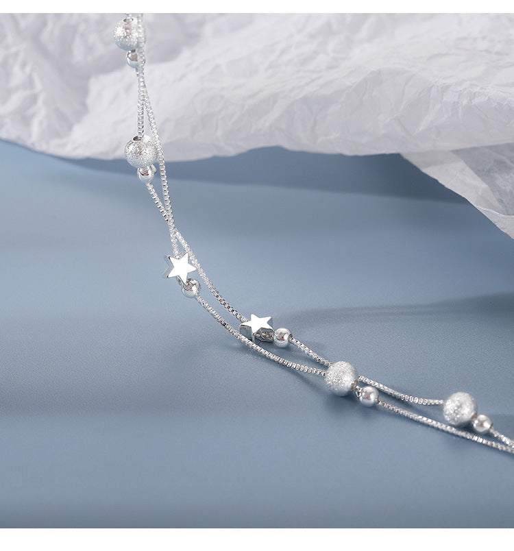 S925 Sterling Silver Double Layer Star Bracelet, Dainty Two-Strand Snake Chain Wrist Bracelet with Matte Frosted Beads & Tiny Star Charms Adjustable Extension Chain for Women Minimalist Daily Jewelry Gift