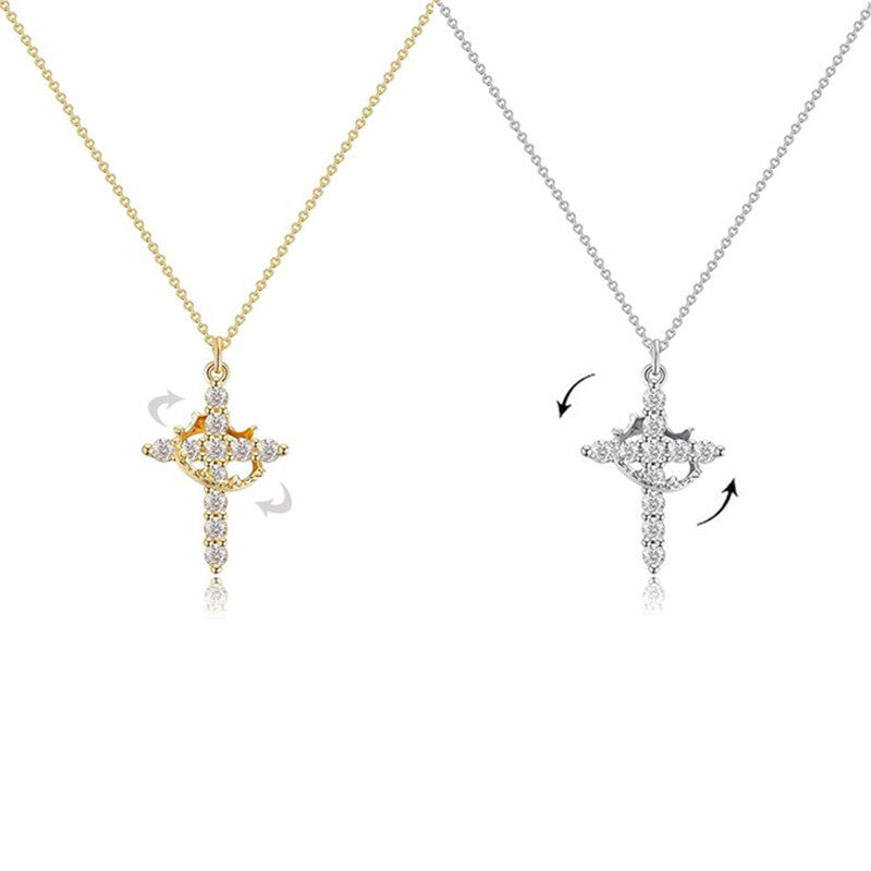 18K Gold Plated Rotatable Crown Cross Pendant Necklace, Stainless Steel Full Paved Cubic Zirconia Adjustable Chain 45+5cm