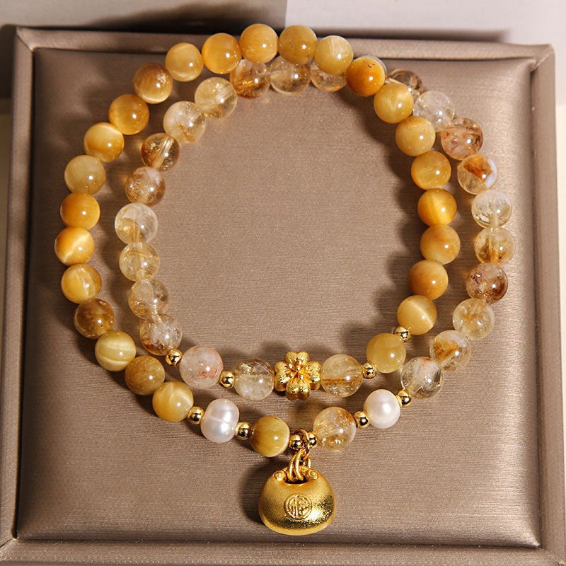 Natural Yellow Rutilated Quartz Double Wrap Bracelet 36 cm, Golden Tiger Eye Beaded Bracelet with Golden Fu Lock Charm, Wealth Luck Healing Crystal Bracelet for Women, Lucky Chinese Style Jewelry Gift