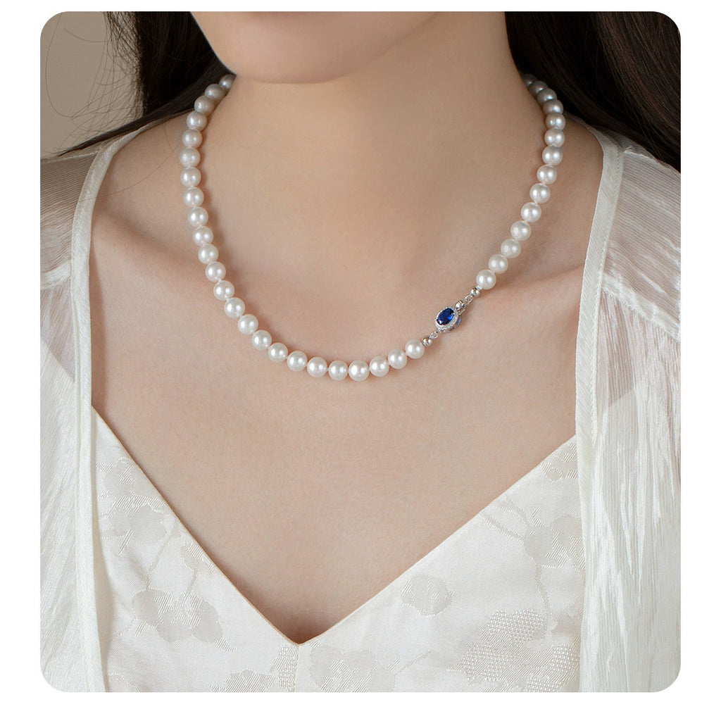 High Luster Natural Australian Mother of Pearl Necklace, 925 Sterling Silver Sapphire Inlaid Clasp, 45CM Single Strand Round Shell Pearl Choker, Elegant Vintage Pearl Jewelry for Wedding Party Daily Outfit Gift for Women