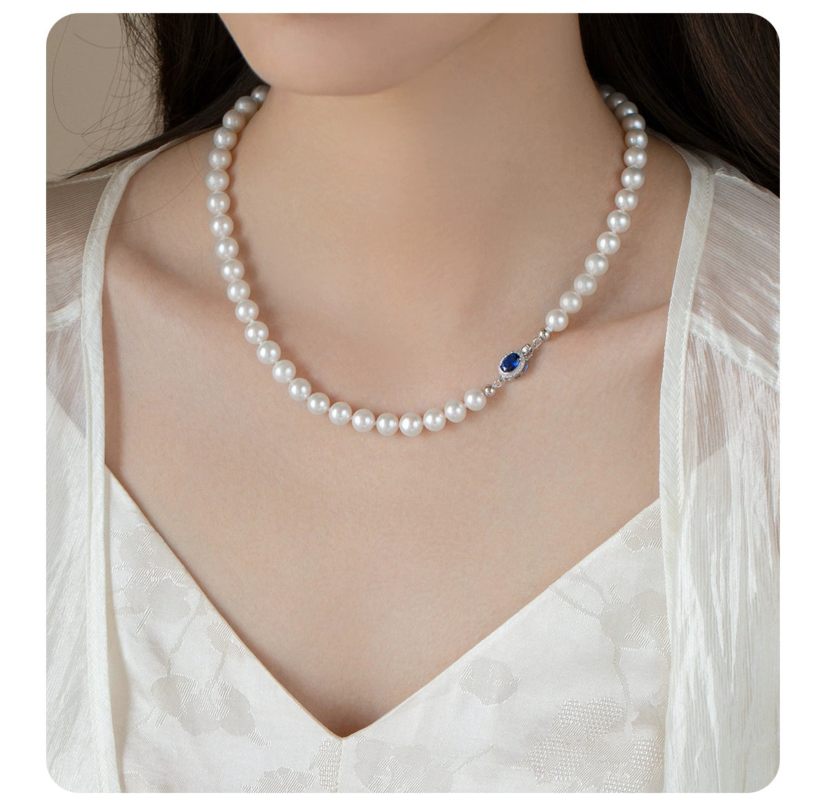 High Luster Natural Australian Mother of Pearl Necklace, 925 Sterling Silver Sapphire Inlaid Clasp, 45CM Single Strand Round Shell Pearl Choker, Elegant Vintage Pearl Jewelry for Wedding Party Daily Outfit Gift for Women