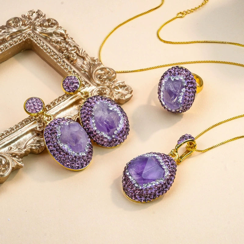 Natural Rough Brazilian Amethyst 3Pcs Jewelry Set Clay Inlaid Rhinestone Drop Earrings Adjustable Open Ring Pendant Necklace Gold Plated Women Boho Gift
