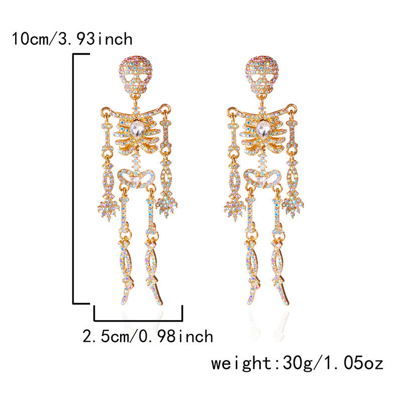 Rhinestone Skeleton Dangle Earrings, Vintage Articulated Skull Drop Earrings Gothic Halloween Party Statement Earrings For Women