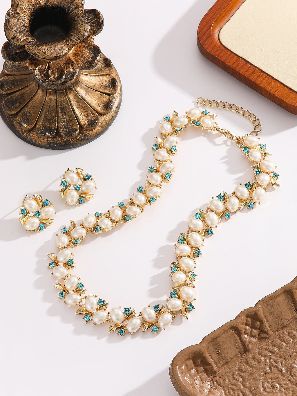 Gold Plated Imitation Pearl & Blue Crystal Jewelry Set, Anti-allergy Stud Earrings & Adjustable Necklace for Wedding Party