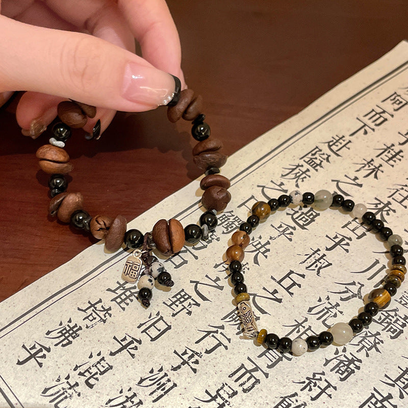 Handmade Real Coffee Bean Beaded Bracelet for Women, Cute Cartoon Dog & Fish Charm Natural Coffee Seed Stretch Bracelet Casual Coffee Lover Wrist Jewelry