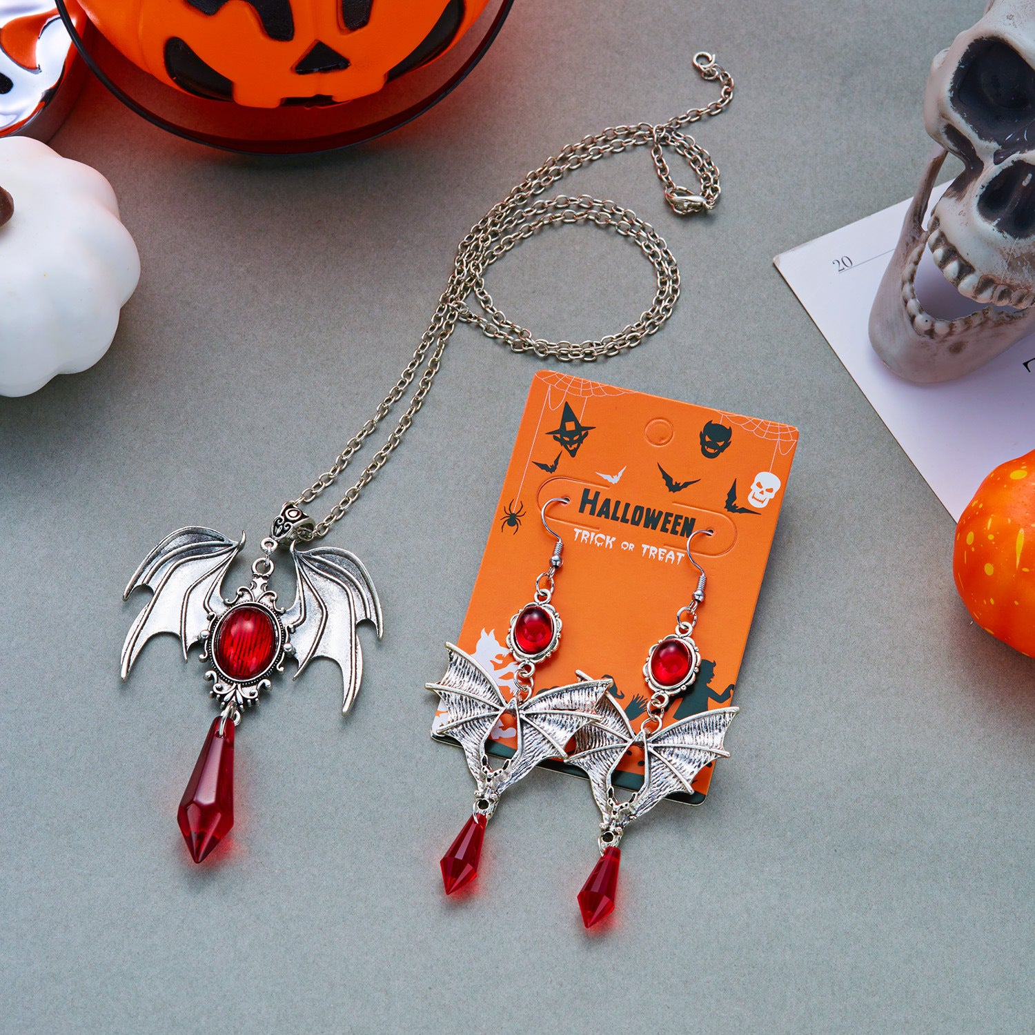 Vintage Gothic Bat Wing Jewelry Set, Halloween Crystal Pendant Necklace & Dangle Earrings Set Dark Punk Demon Wing Matching Jewelry For Women