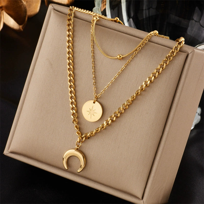 18K Gold Plated Stainless Steel 3 Layered Stackable Necklace, Celestial Star Disc & Moon Pendant Adjustable Chain