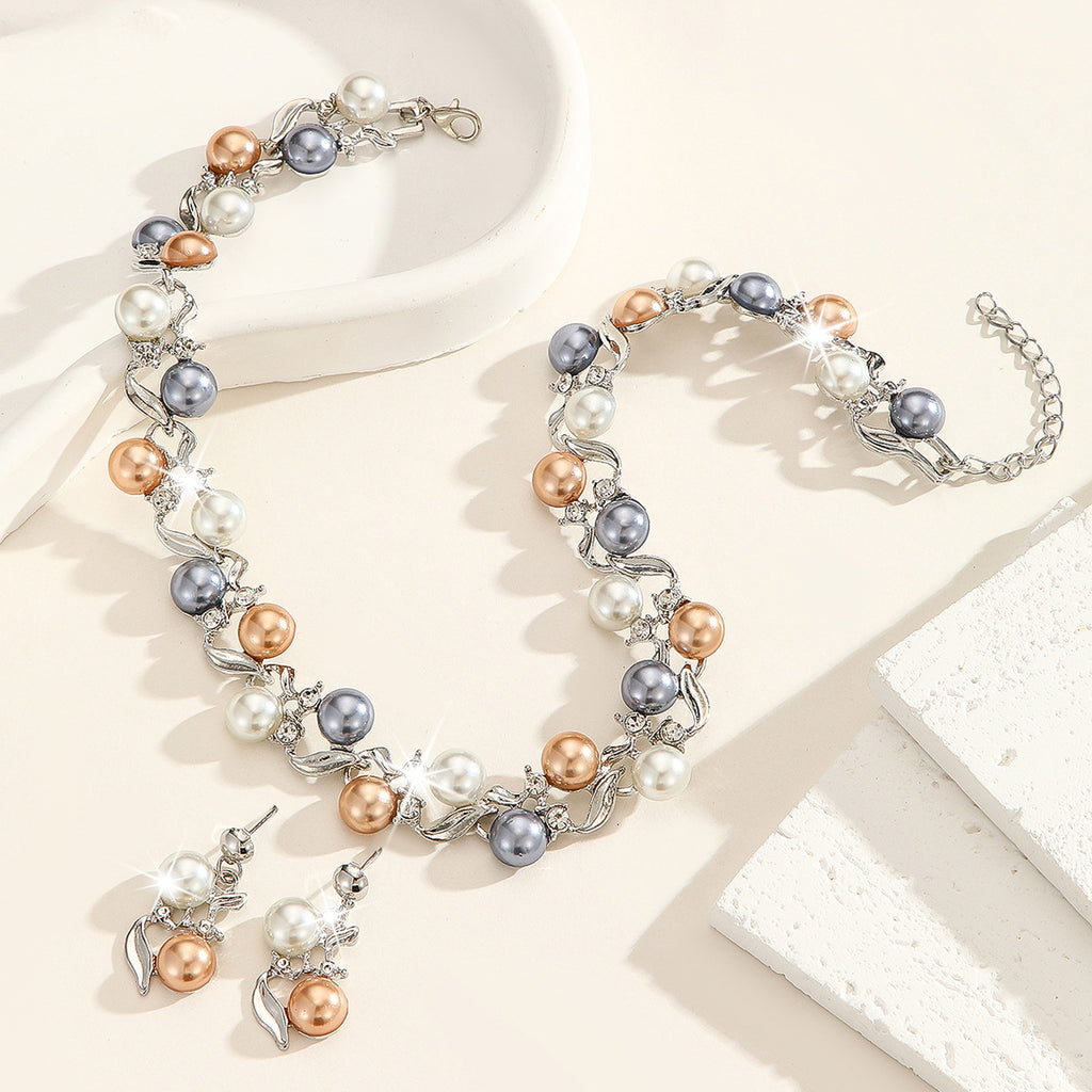 Ensemble de bijoux multicolores en fausses perles et cristal, collier ras-de-cou et boucles d'oreilles pendantes hypoallergéniques en forme de feuille, plaqués argent/or, pour occasions formelles