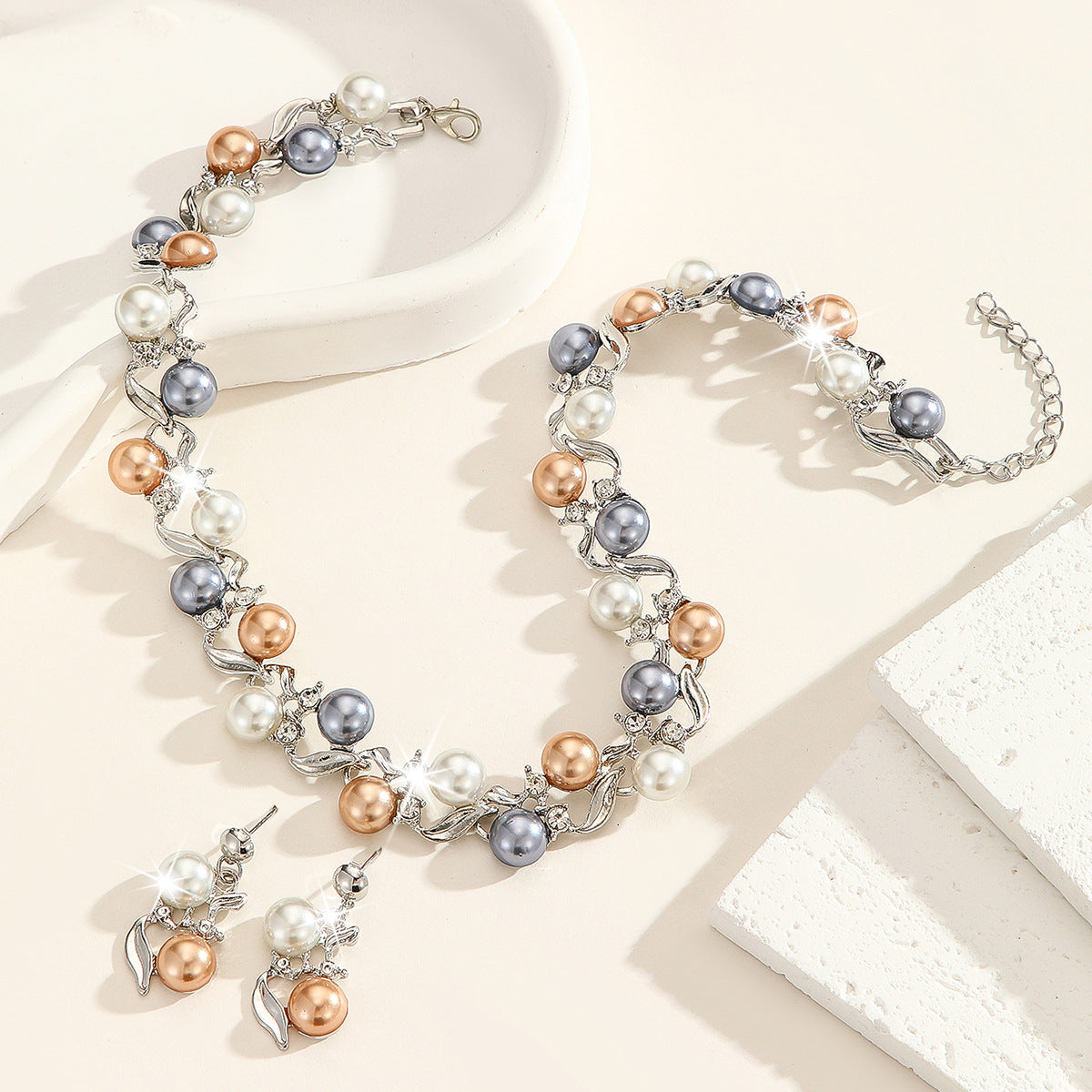 Multicolor Faux Pearl Crystal Jewelry Set, Leaf Shape Silver/Gold Plated Choker Necklace & Drop Earrings Hypoallergenic Formal Jewelry