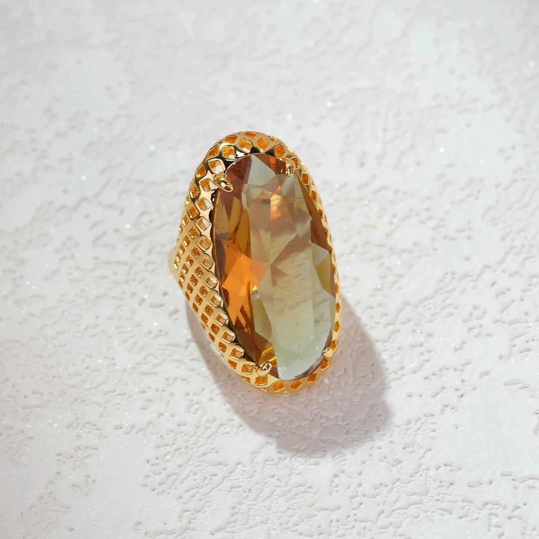 Vintage Hollow Honeycomb Mesh Oval Citrine Crystal Open Adjustable Ring Gold Plated Retro Antique Wide Band Statement Cocktail Ring For Women