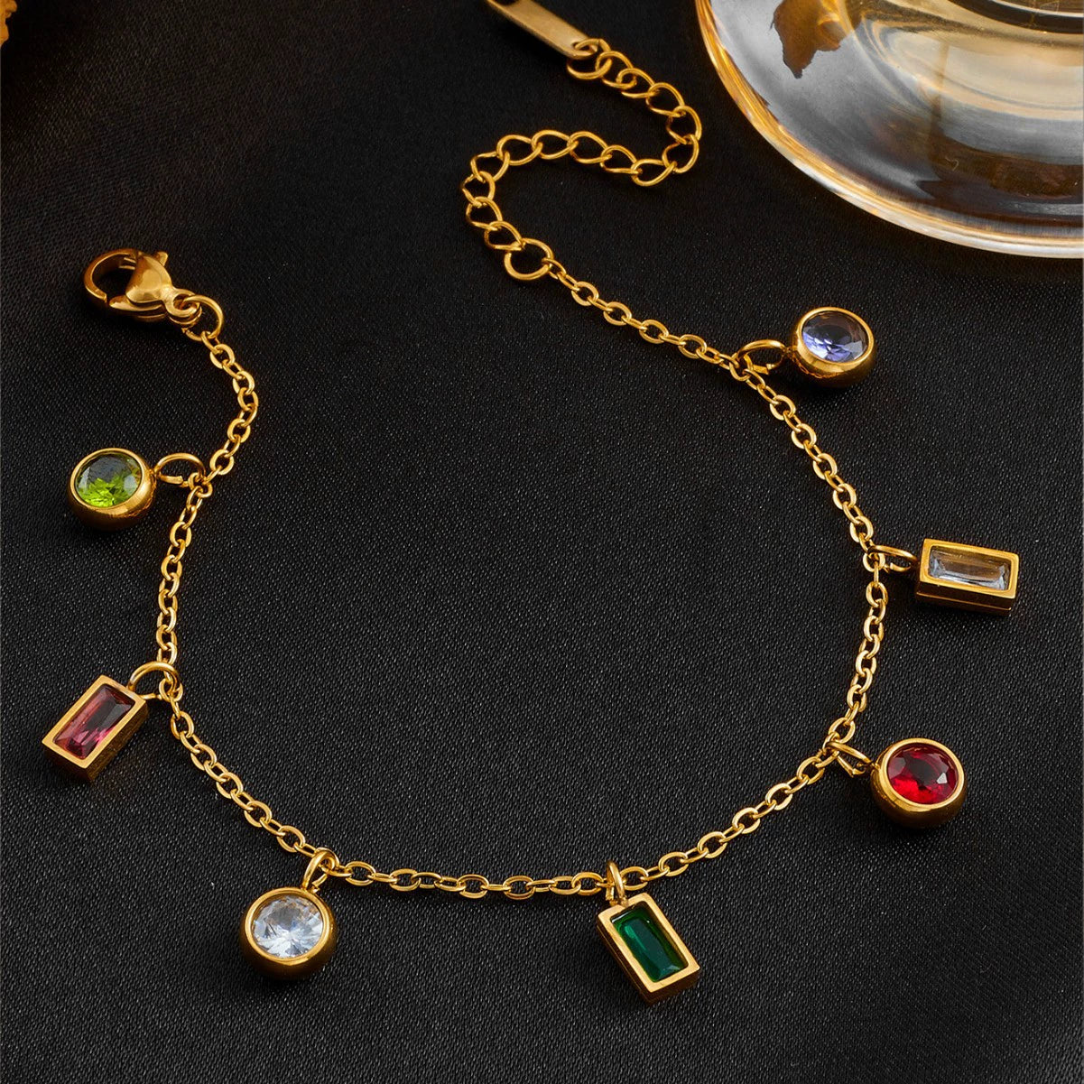Colorful Zircon Gold Plated Bracelet, Anti-allergy Stainless Steel, No Fade Charm Bangle