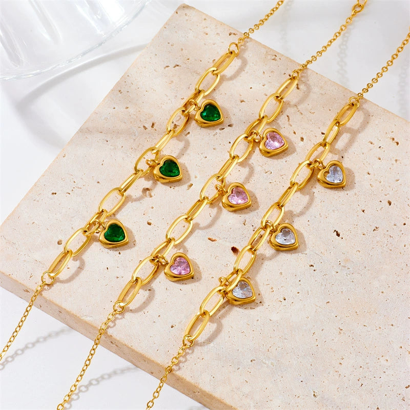 18K Gold Plated Stainless Steel Paperclip Chain Heart Cubic Zirconia Charm Bracelet, Adjustable Dainty Bracelet