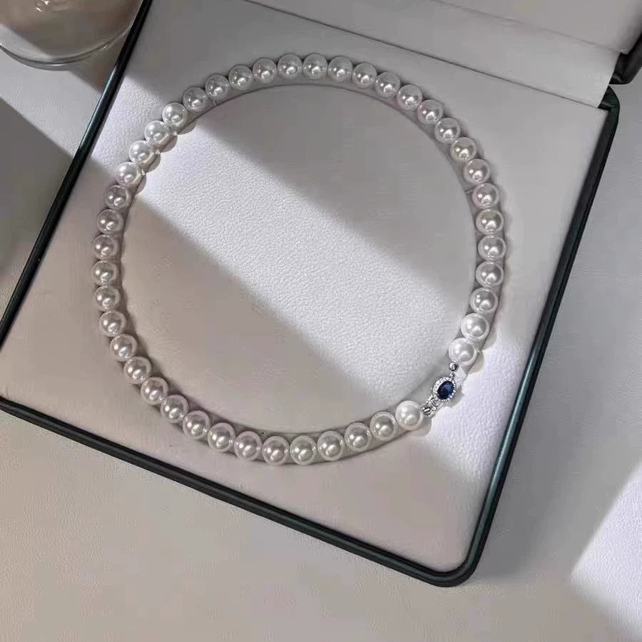 High Luster Natural Australian Mother of Pearl Necklace, 925 Sterling Silver Sapphire Inlaid Clasp, 45CM Single Strand Round Shell Pearl Choker, Elegant Vintage Pearl Jewelry for Wedding Party Daily Outfit Gift for Women