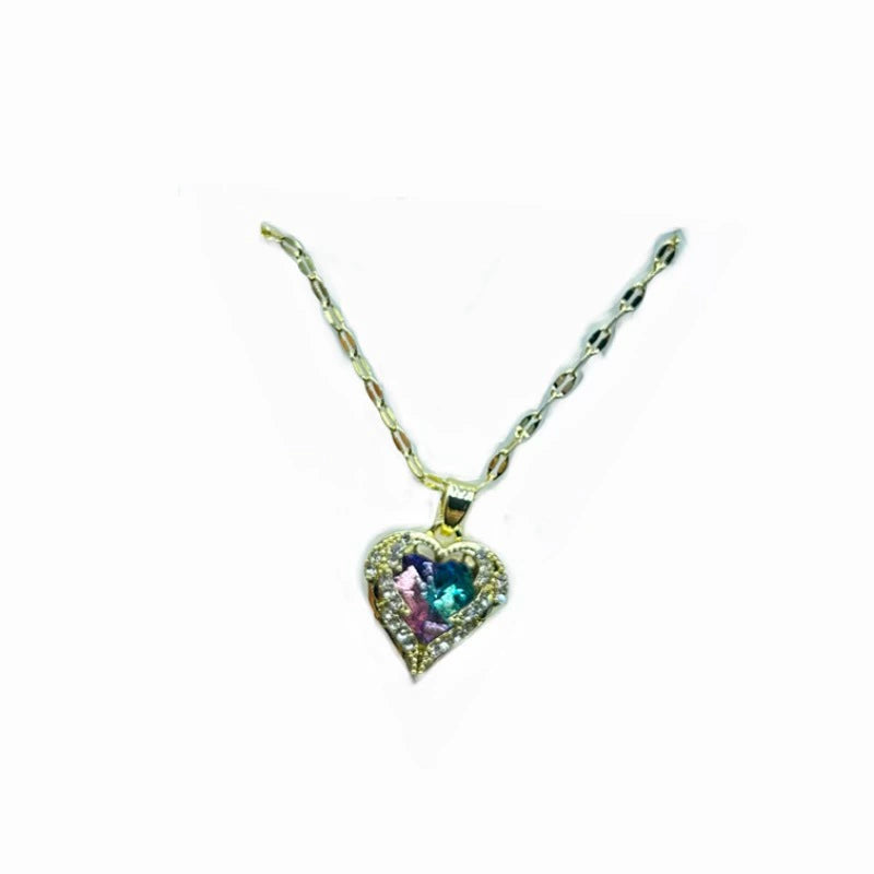Stainless Steel Angel Wing Heart Crystal Pendant Necklace, 40+5cm Extendable Chain Two Tone