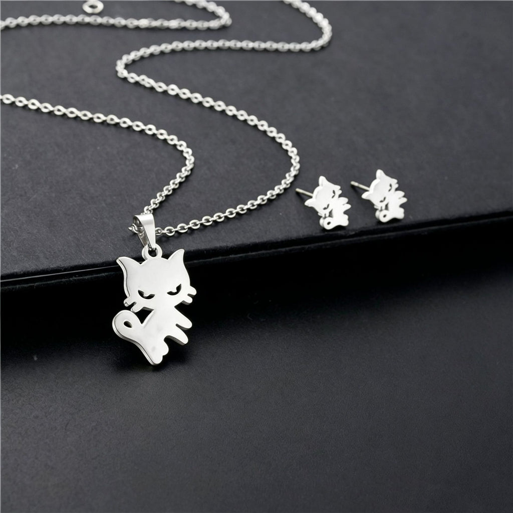 Cute Cartoon Cat Pendant Necklace Stud Earring Set Stainless Steel Gold Silver Pet Lover Jewelry Gift