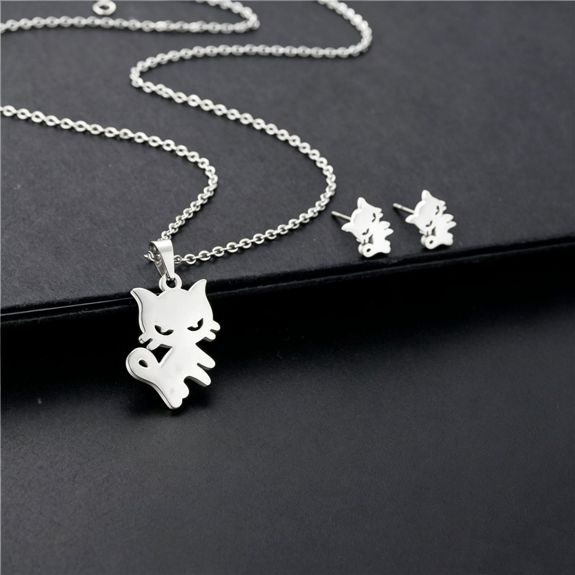 Cute Cartoon Cat Pendant Necklace Stud Earring Set Stainless Steel Gold Silver Pet Lover Jewelry Gift