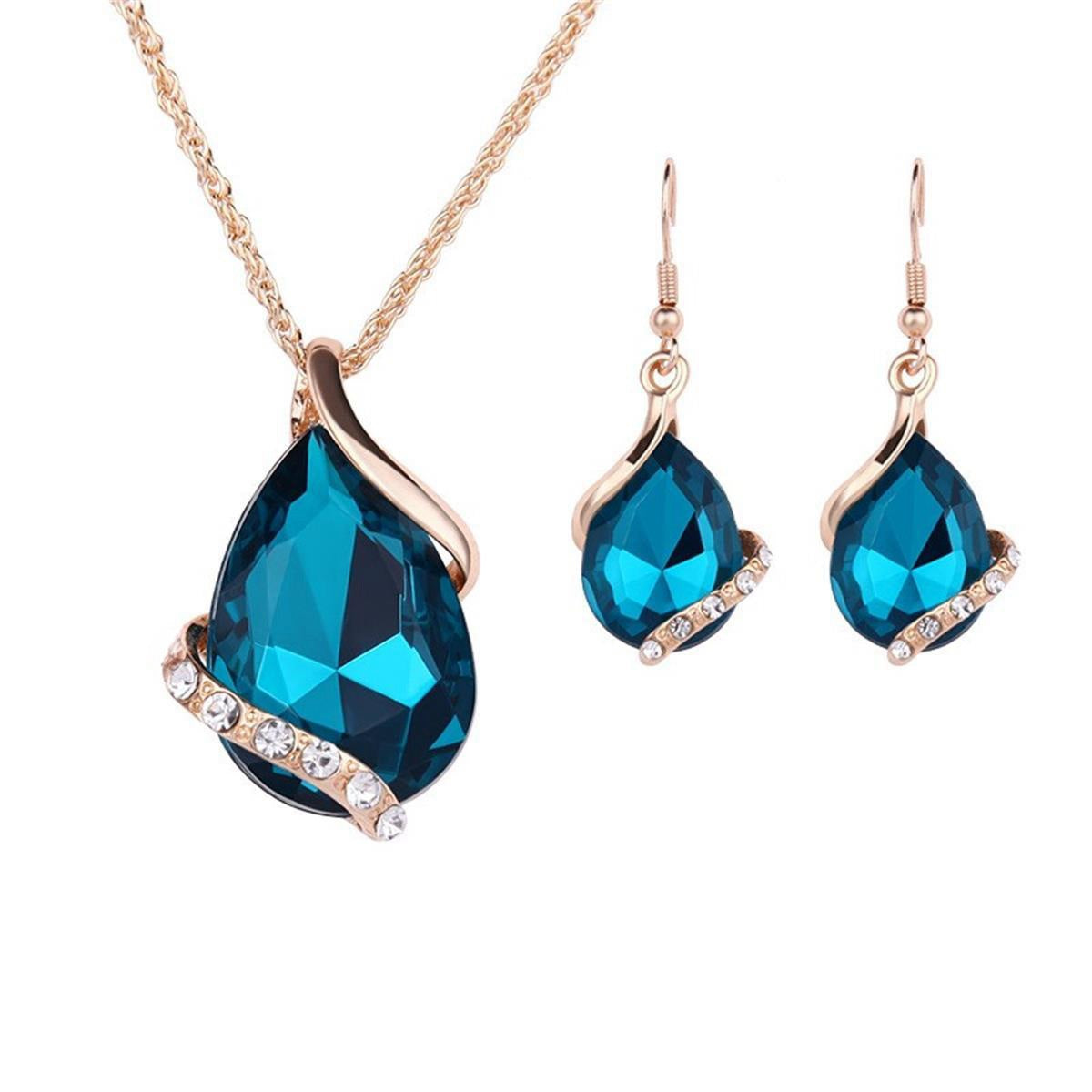 Teardrop Blue Crystal Pendant Necklace & Hook Earring Jewelry Set, Hypoallergenic Zinc Alloy