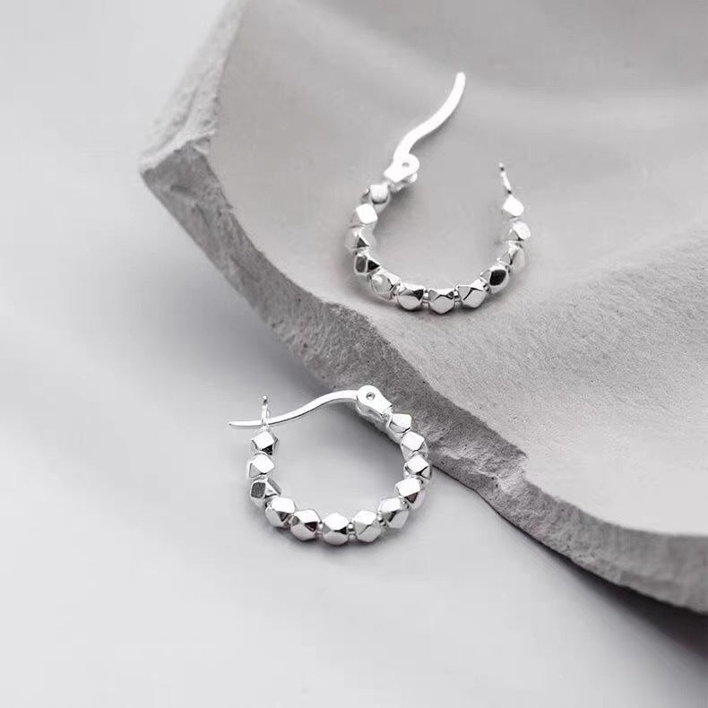 925 Sterling Silver Irregular Broken Cube Hoop Earrings, Dainty Multi-Faceted Rhombus Bead Huggie Ear Buckles Minimalist Korean Daily Earrings for Women