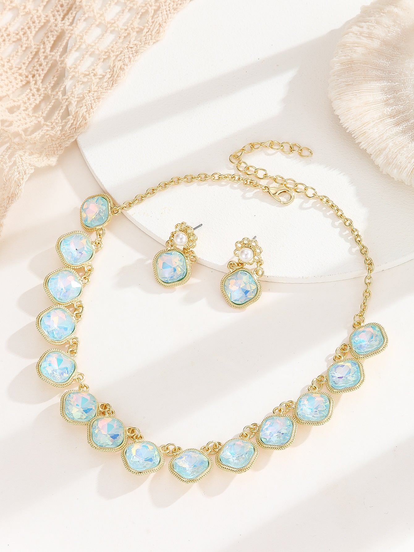 Gold Plated AB Iridescent Crystal Jewelry Set, Anti-allergy Pearl Drop Earrings & Adjustable Choker Necklace for Wedding Banquet