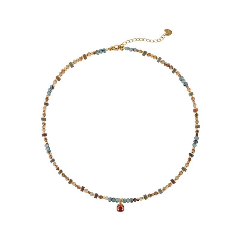 Boho Ethnic Two-Piece Layering Necklace Set, Dopamine Mixed Natural Stone Tiger Eye Beaded Choker with Red Square Cubic Zirconia Pendant & Dainty Tiny Gold Rectangle Tag Stack Chain for Women