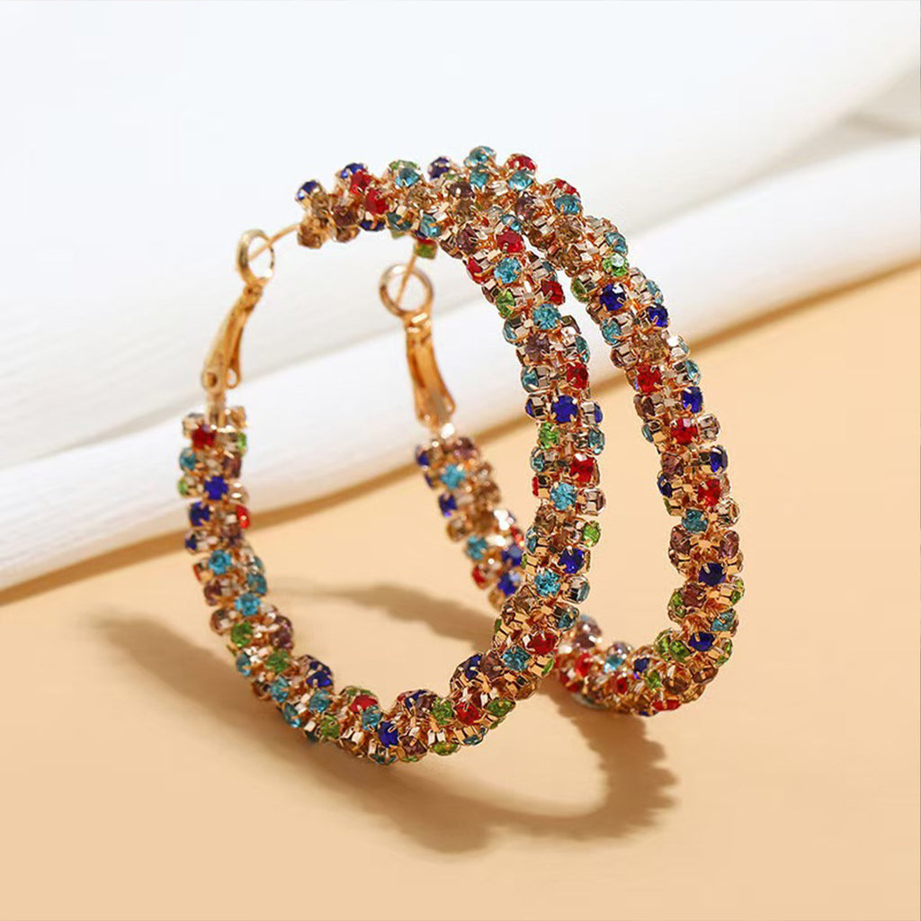 Colorful Rhinestone Hoop Earrings, Hypoallergenic Large Circle Crystal Ear Jewelry