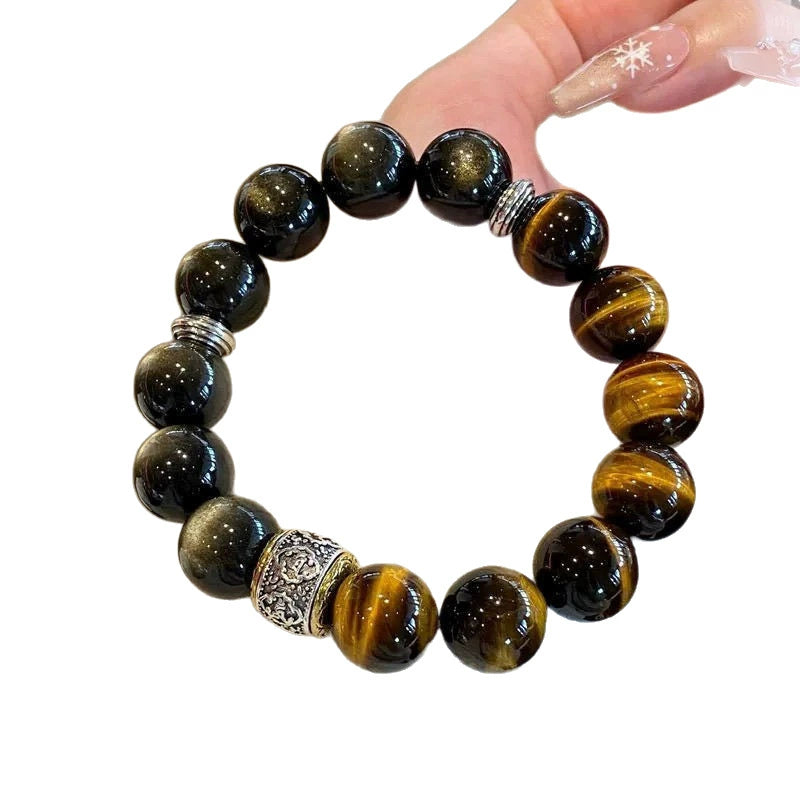Wealth Luck Tiger Eye & Golden Obsidian Bracelet for Men Women, Black Obsidian Protection Beaded Bracelet with Tibetan Mantra Charm, Good Fortune Crystal Amulet Jewelry Gift for Business & Daily Wear