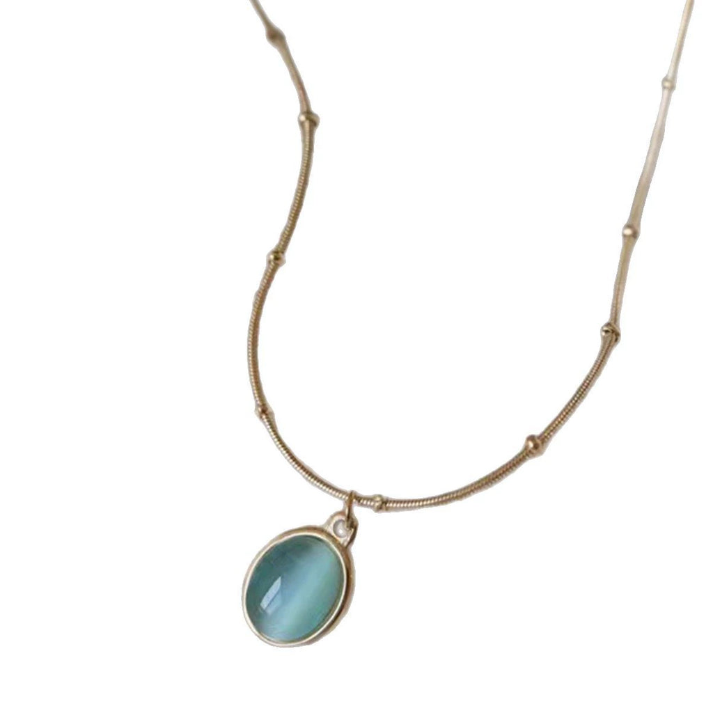 Oval Blue Cat's Eye Pendant Necklace, Gold Plated Stainless Steel Hypoallergenic Dainty Choker
