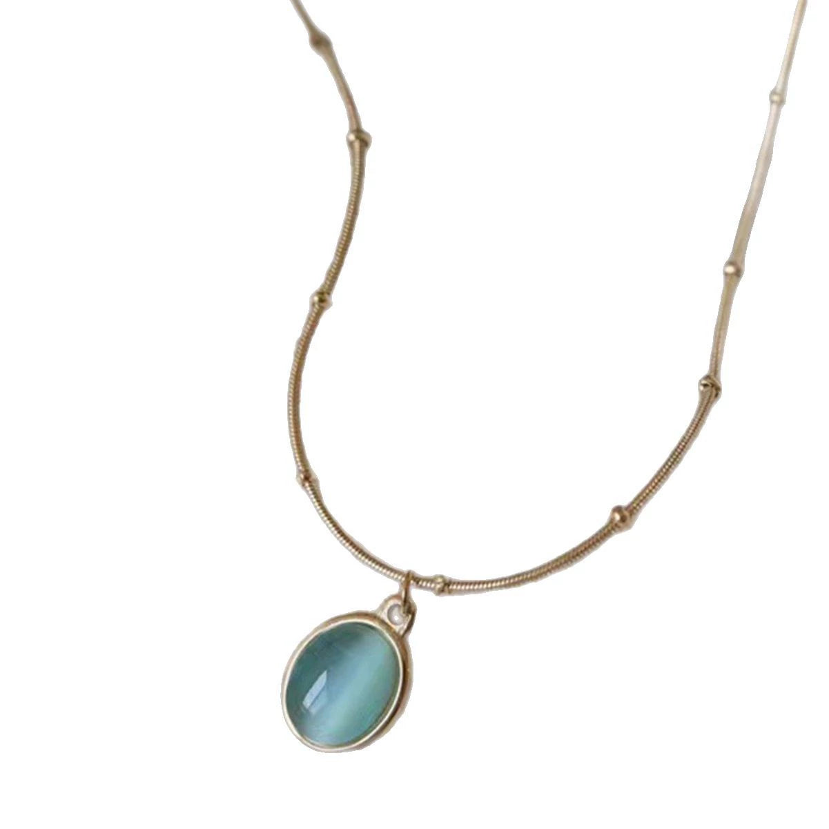 Oval Blue Cat's Eye Pendant Necklace, Gold Plated Stainless Steel Hypoallergenic Dainty Choker